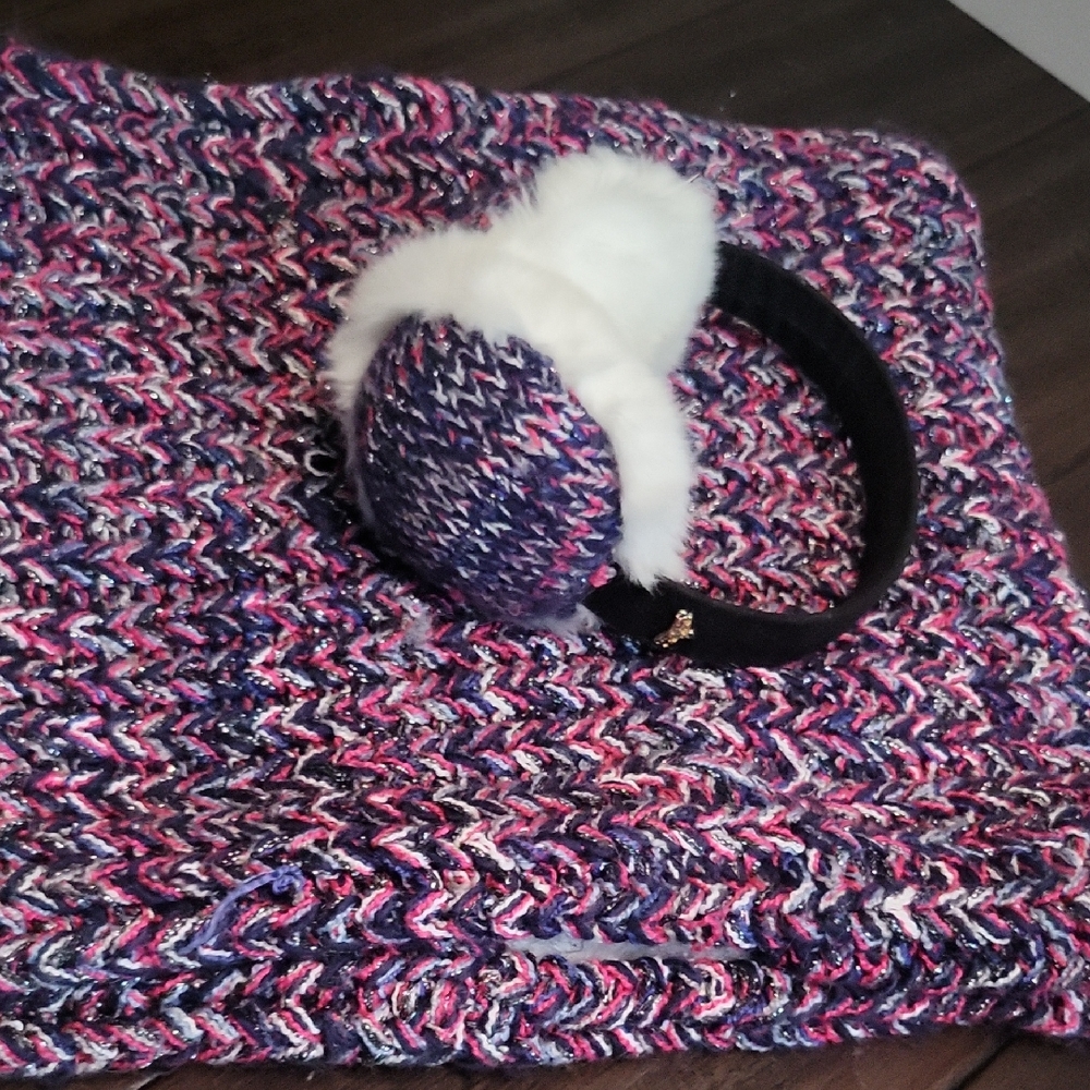 Cozy Knit Kids Earmuffs and Scarf Set - Pink and White